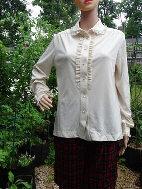 Vtg 70s White Ruffle Lace Blouse Mardi Modes New York Boho Secretary Top L XL